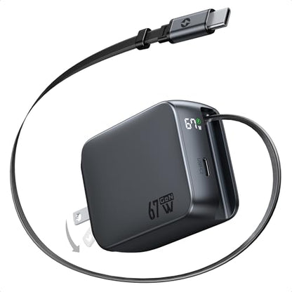 Retractable USB C Charger, 67W 2-Port Fast Charger with Retractable Cables and Foldable Plug and, PD/PPS Wall Adapter for iPhone 17/16/15 Series/MacBook Air/Airpods 4/Galaxy S26/S25 - color: Gray