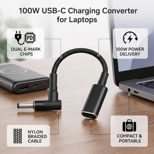 USB C Female to 4.0x1.7mm DC Male Adapter 100W PD Chip for Laptop Charging Cord for Dell HP Lenovo, Braided Cable Power Connector for Monitor Docking Station