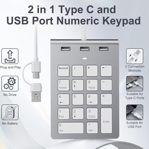 Wired Numeric Keypad with USB A/USB C, Multifunction Keys Number Pad with 3 Additional USB 2.0 Ports, 18 Keys, 15° Ergonomic Programmable Numeric Pad for Laptops, Notebooks, and Desktops