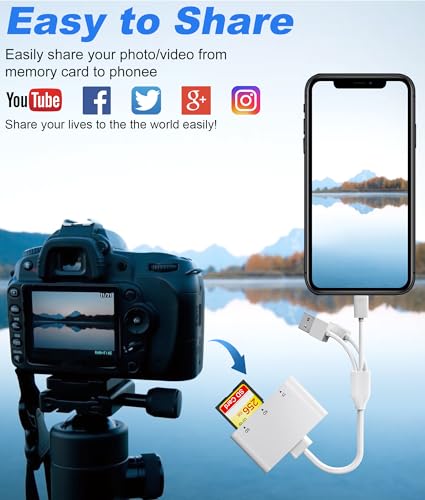 SD Card Reader for iPhone with USB-C & Lightning - 3-in-1 SD MicroSD xD-Picture Cards Memory Card Reader, Compatible with iPhone 16/15/14, iPad, MacBook, Android, Camera & PC - color: White