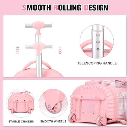 ACESAK Rolling Backpack for Girls - Roller Wheels School bag with Lunch Bag & Pencil Pouch for Teen Girls Kids Wheeled Suitcase Backpacks, Elementary Middle School Travel Daypack (Pink) - color: Pink