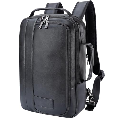 Masa Kawa Vintage Leather Expandable 15.6" Laptop Backpack for Men | Businss Travel Office Work Computer Daypack Bag with Water Bottle Holder, Luggage Strap - color: Black