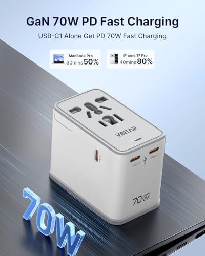 VINTAR 70W GaN Universal Travel Adapter, 5 in 1 with 3 USB-C PD& 1 USB-A QC | International Power Adapter with 70W GaN Fast Charging, All-in-one for EU UK USA AUS, Worldwide Travel Essentials, White - color: 70W White2