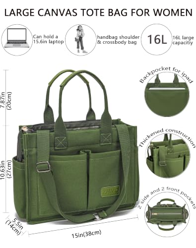 Canvas Tote Bag for Women,Women's Bags Crossbody Bags Work Laptop Tote Bag Large Handbags Purse for Travel Nurse Teacher - color: New Upgrade Army Green With Compartments and Side Cup Holders