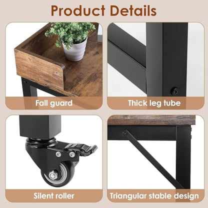 Clevich Overbed Table with Wheels, 16" D x 71" W x 41" H Mobile Bed Desk | Queen Full Size Mobile Computer Desk with eavy Duty Metal Leg, Standing Laptop Cart, for Bedroom, Living Room - color: Brown
