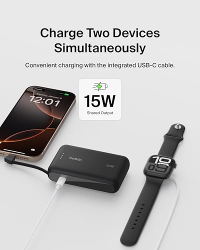 Belkin 10000mAh 20W USB C Power Bank, Portable Charger for iPhone & iPad | Fast Charging, Integrated USB C Cable, Eatra USB C Port, iPhone 17, iPad, Samsung Galaxy S26, Charge 2 Devices - color: Black, style: 10K mAh