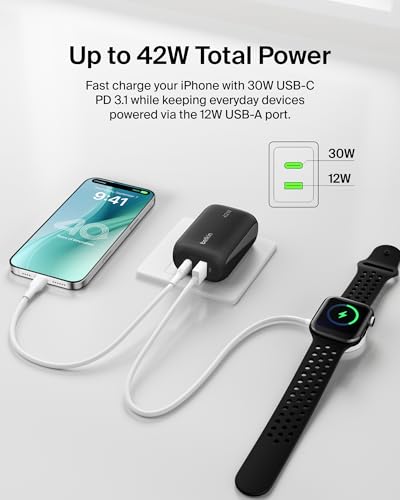 Belkin Dual Port Charger Block 42W, USB-C + USB-A Charger Super Fast Charging - Samsung Galaxy S26, Apple iPhone 17, Air, Pro, Pro Max, iPad, AirPods, Apple Watch, Nintendo Switch 2 & More - Black - color: Black