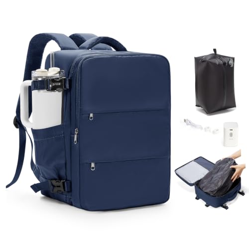 Travel Backpack for Women Men with Compression Vacuum Storage Bag & Electric Pump, Flight Approved Carry On Backpack, Frontier Spirit Airlines Personal Item Bag 18x14x8, Navy Blue - color: Navy Blue