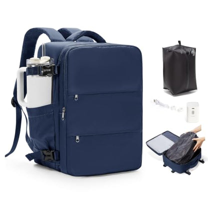 Travel Backpack for Women Men with Compression Vacuum Storage Bag & Electric Pump, Flight Approved Carry On Backpack, Frontier Spirit Airlines Personal Item Bag 18x14x8, Navy Blue - color: Navy Blue