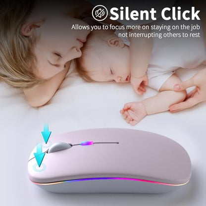 KANMABPC Wireless Bluetooth Mouse – Rechargeable, Silent, Dual Mode (Bluetooth 5.2 & USB) with LED Lights – Portable for Laptop, Desktop, & Tablet(Pink) - color: Pink