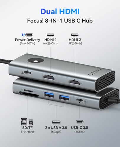 ORICO USB C Docking Station Dual Monitor, 8-in-1 Laptop Docking Station with 2 HDMI 4K@60Hz, 100W PD, USB-A&C 3.0, SD/TF, USB C Dock Compatible with MackBook/Dell XPS/HP/Surface - size: 8-in-1, style: PW11-8PH