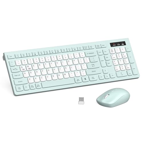 Silent Keyboard and Mouse Combo Wireless,ful-Sized Wireless Keyboard and Adjustable DPI Mouse, 2.4GHz USB Receiver, Keyboard and Mouse for PC, Windows, MAC, Desktop, Laptop (Mint Green-B) - color: Mint Green and white-B