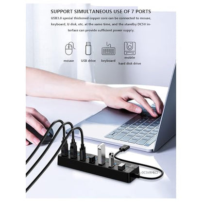USB Hub Multi USB Splitter USB 3.0 Port Extender Hub with 7-Port, USB Extension Cable, Led Indicater for Mouse Flash Drive Keyboard Mobile Hard Disk Drive