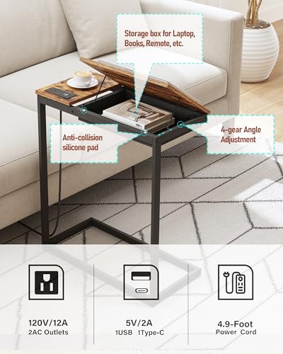 TUTOTAK Large C Shaped End Table, Side Table with Charging Station C Table | Tilting Laptop Stand with Storage, Computer Couch table for Living Room, Bedroom, Brown TB01BB090 - color: Brown, style: Plug