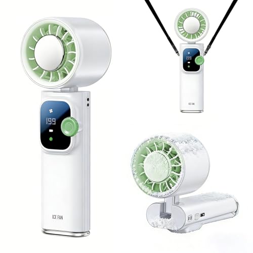 Portable Handheld Fan with Ice Cooling, Personal Rechargeable Fan 20000RPM,199-Speed Mini Neck Fan with 4000mAh Battery Powered up to 15hrs with LED Display for Travel, Camping & Outdoor, White - color: White-Green