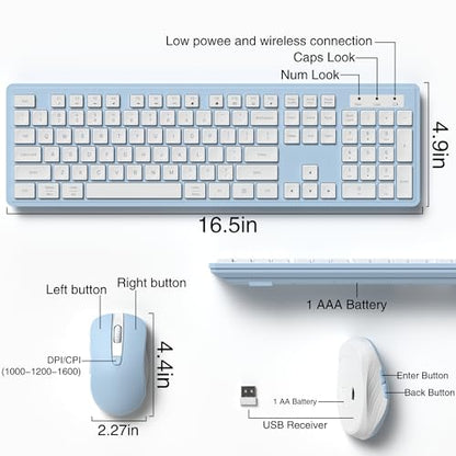 MPTOG Wireless Keyboard and Mouse Combo, Full-Size 104-Key Office Keyboard with 15 Function Keys, Numeric Keypad, Single USB Receiver, Compatible with PC and Laptop(Blue White) - color: Blue White