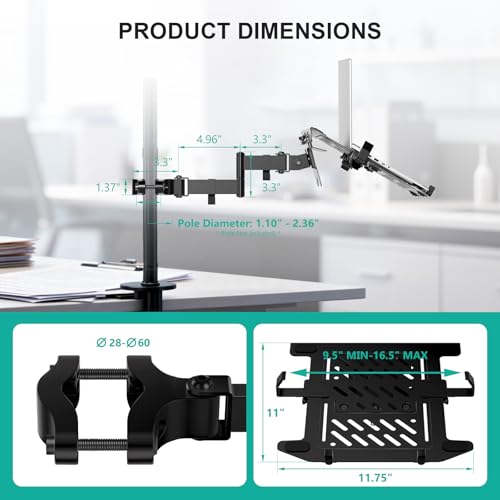 WALI Laptop Pole Mount, Adjustable Laptop Arm Holder Fits 10"-15.6" Laptops, 2-in-1 Full Motion Monitor Mount with Removable Tray, VESA 75x75 or 100x100 mm, Holds up to 15.4lbs(011ARMLPN), Black - size: Up to 15.4