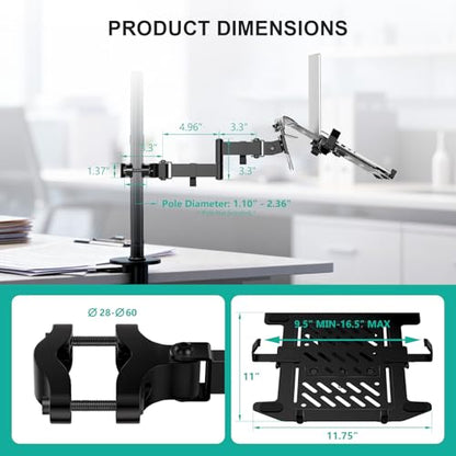WALI Laptop Pole Mount, Adjustable Laptop Arm Holder Fits 10"-15.6" Laptops, 2-in-1 Full Motion Monitor Mount with Removable Tray, VESA 75x75 or 100x100 mm, Holds up to 15.4lbs(011ARMLPN), Black - size: Up to 15.4