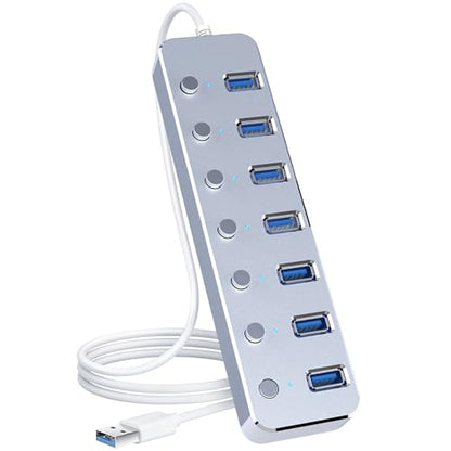 USB 3.0 Hub 7 Port USB Hub with 2ft Long Cable Aluminum USB Hub for Laptop and PC with Individual On/Off Switch and LED Indicator - color: Silver