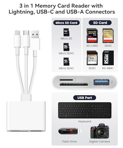 AkHolz SD Card Reader for iPhone iPad Mac Trail Game Camera Viewer Built-in 3-in-1 Connector (Lightening, USB-C and USB-A) with SD MicroSD USB-A 3 Slots, Portable No App Required Plug & Play - White - size: 3 in 1 built-in cords (Lightening&USB-C&USB-A)