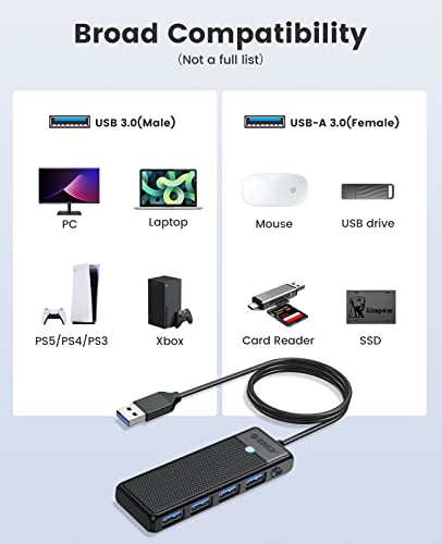 ORICO USB 3.0 Hub, 4-Port USB Hub with 3.3Ft Cable, Ultra Slim USB-Splitter for Laptop MacBook Pro, iMac, Surface Pro, XPS, PS5，PC, Flash Drive, Mobile HDD - size: 3.3Ft