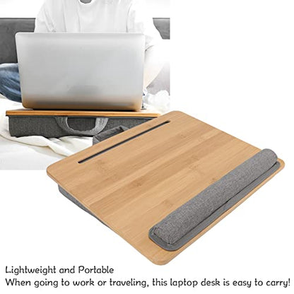 Lap Desk, Multifunction Bamboo Laptop Table with Cushion, Ergonomic Angle, Natural, Safe, Sturdy 3 in 1 Pillow Top Laptop Desk for Reading Writing Playing