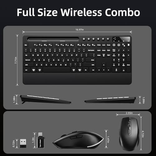 Hamile Wireless Keyboard and Mouse Combo, RGB Backlit, Ergonomic Wrist Rest | Phone Holder, Full Size, 2.4GHz, 3 Level DPI Mouse, Rechargeable Silent Combo for Windows, Mac, PC, Laptop, Black