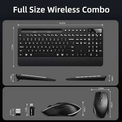 Hamile Wireless Keyboard and Mouse Combo, RGB Backlit, Ergonomic Wrist Rest | Phone Holder, Full Size, 2.4GHz, 3 Level DPI Mouse, Rechargeable Silent Combo for Windows, Mac, PC, Laptop, Black