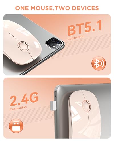 RAPIQUE Bluetooth Wireless Mouse - (BT5.1+2.4GHz) Slim Dual Mode, Pink | Quiet clicks, Low Power, 1600 DPI, USB-A Receiver, Portable design, Works with MacBook, Laptop, iPad Pro/Air and Tablet - color: Pink