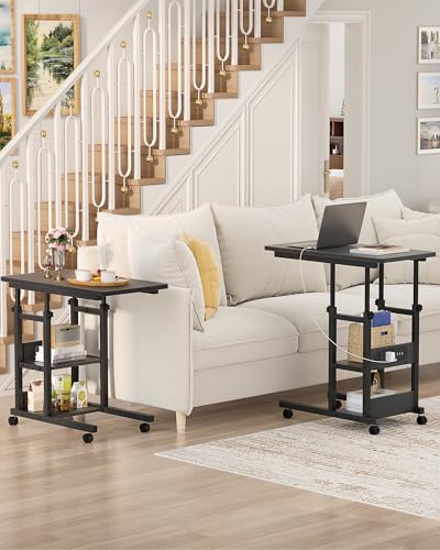 Height Adjustable End Table with Charging Station, Mobile C Shaped Laptop Side Table with Wheels, 3-Tier Sofa Couch Table with Storage Shelve for Living Room Bedroom, Black - color: Black