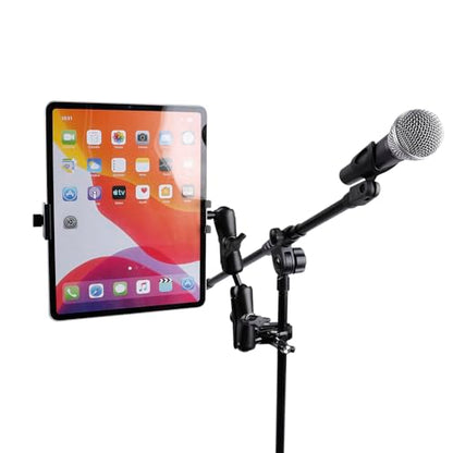 Aluminum Dual Arm Tablet Mount with Super Clamp for Rails 0.5'' to 2'' in Diameter, Side Mount Tablet Holder for Mic Stand, Compatible with iPad Pro 12.9 Air Mini, Galaxy Tab, 4.7-12.9" Tablets