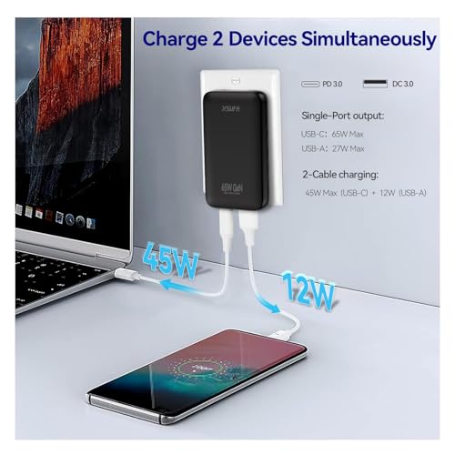 65W Flat USB C Wall Charger,2 Port Ultra-Slim USB C GaN Charger with Foldable Plug for MacBook, iPhone 16/15/14/13/12/11/Pro Max/XS/XR,Galaxy S24/S23/Note20,Includes 2.28ft Fast Charging Cable,Black - color: Black-Cable