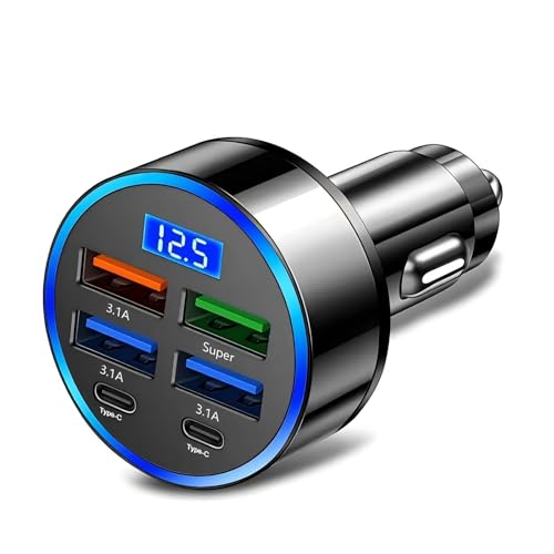 6-in-1 Super Fast Car Charger Adapter with LED Voltage Display, Car Plug Powered Mobilephone Charger for Smart devices like Tablet, Laptop, Cellphones like iPhone 17 16 15 14 pro max Samsung Oppo Vivo - color: Std-6ports
