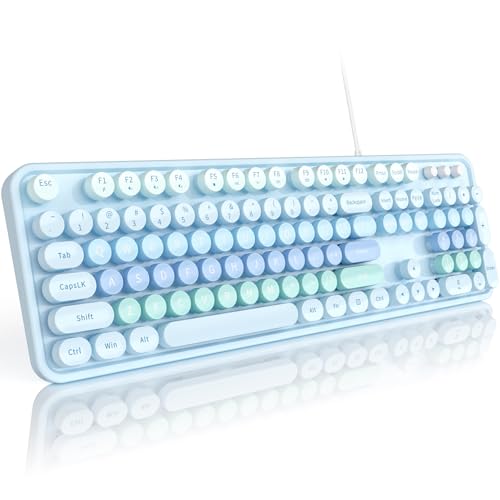 MOFII Keyboard Wired Large Print, Computer Keyboard Plug Play, Colorful Retro Round Typewriter Keyboard with Numeric Keypad and Media Hotkey for Windows PC Laptop (Pale Blue) - color: Pale Blue