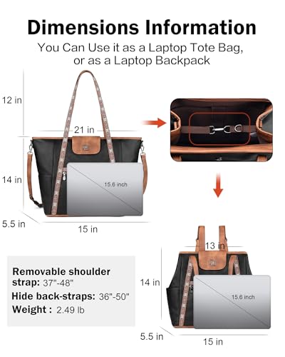 Large Laptop Tote Bag for Women Designer Leather Laptop Bag, 15.6in | Fashion Travel Backpack Purse Shoulder Handbag Fits 15.6 Laptop, Daily, Work, Business Trip, Weekend Travel, Teacher - color: Retro Black With Brown