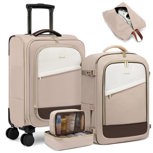 LOVEVOOK 5 Pcs Carry On Luggage 22x14x9 Airline Approved with 40L Laptop Travel Backpack, 20 Inch Carry On Suitcases with Wheels, Rolling Suitcase for Women Men, with TSA Lock Weekender Luggage - color: Light Khaki-beige-coffee, size: 20 Inch-5Pcs