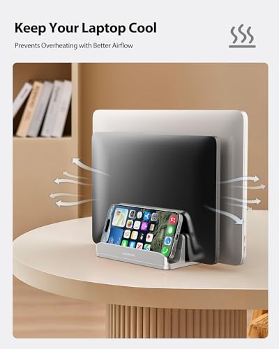 AboveTEK Vertical Laptop Stand, 3 Slots Aluminum Desk Laptop Holder & Laptop Docking Station Stand for MacBook, Tablet, Phone - Universal Fit (Up to 17.3") - Heavy Duty Polished, Anti Slide - Silver - color: Silver
