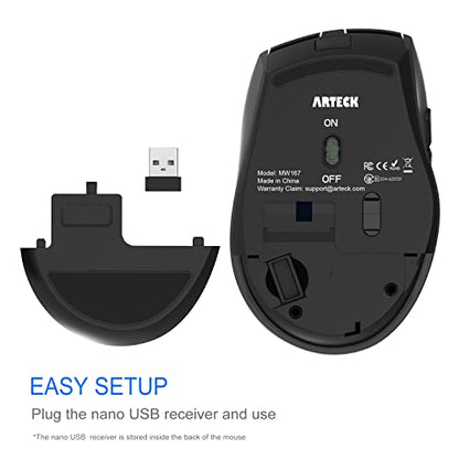 Arteck Wireless Mouse, 2.4G USB Wireless Ergonomic Optical Mouse, with Nano USB Receiver Silent Clicking Side Switch Buttons for Computer/Desktop/PC/Laptop and Windows 11/10 Rechargeable Battery