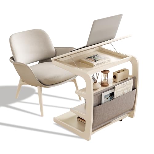 AQIMUELE Rolling Side Table, C Shaped End Table, C Table with 4 Wheels Solid Wood Small Rolling Desk with Adjustable Desktop,C Shaped End Table for Couch,Home Office(15.6" D x 23.6" W x 24.3" H) - color: White, size: 15.6"D x 23.6"W x 24.8"H, style: Moder