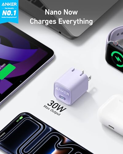 Anker Nano Phone Charger, USB C GaN Charger 30W, PIQ 3.0 Foldable PPS Fast Charger USB C for iPhone 17/16 and More Series, Galaxy, iPad, Compatible with MagSafe - color: violet