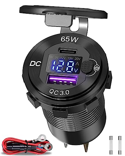 83W 12V USB Power Outlet, Qidoe Aluminum 65W PD Laptop Charger Socket and 18W QC3.0 Car USB Port with Digital Voltmeter Button Switch Smart Boosting 12V Outlet for Car RV Marine Boat Moto