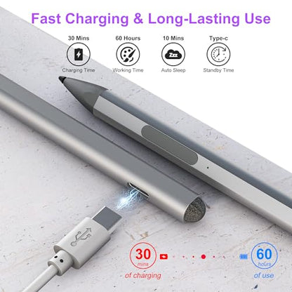 Surface Pen - Surface Pro Pen Stylus for Surface Pro 11/9/10/8/X/7/6/5/4/3, USB-C Fast Charge, 4096 Pressure Sensitivity, Palm Rejection Surface Pen for Surface Go 2/3/4/Book/Laptop/Studio - color: Silver