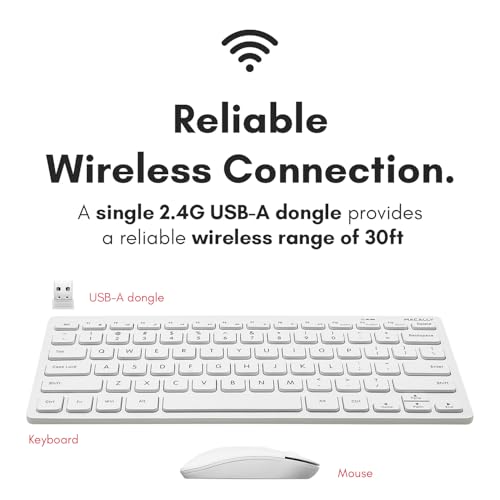 Macally White Wireless Keyboard and Mouse Combo - Quiet Productivity Duo - 2.4G Small Keyboard and Mouse Wireless - 78 Key Quiet Cordless Compact Mouse and Keyboard Combo with Mini Body - color: White