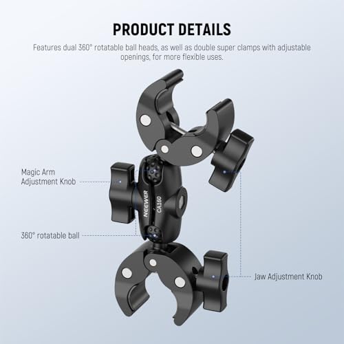 NEEWER Double Super Clamp Mount with Magic Arm, 360° Umbrella Flag Pole Clamp Holder for Desk Photo Studio Light Stand Photography Reflector Scrim Cross Bar Motorcycle Handlebar Stroller Chair, CA160 - style: CA160