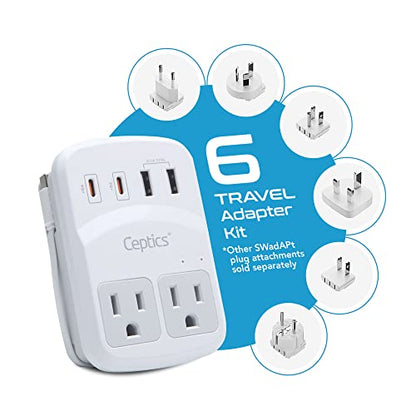 Ceptics World Travel Adapter Kit 2 USB-A, USB-C US Outlets, 20W/QC 18W Power Delivery, Surge Protection, SWADAPT Compatible for Europe, UK, China, Australia, Japan Perfect Laptop (WPS-5B) - color: white