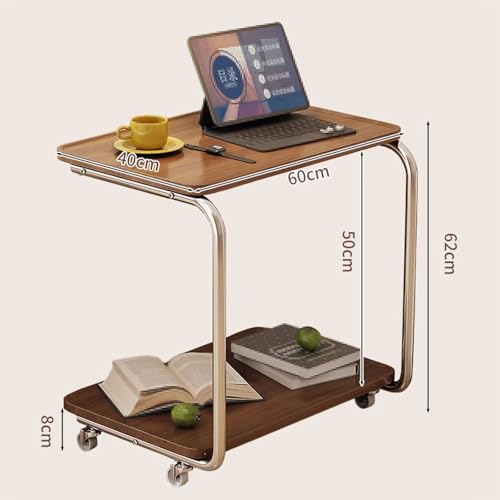 Overbed Table with 360 Wheels Panel Bedside Table, Modern Minimalist Sofa Side Table, U Shaped Built in Side Table, Double Shelf, for Bed, Sofa(Brown) - color: Brown