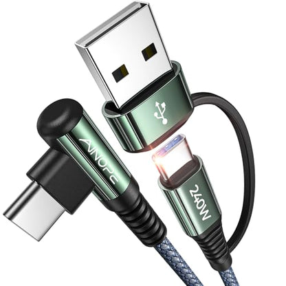 AINOPE 10 FT USB C Cable Fast Charging, 240W USB-C Charge Cable with Adapter, Fast Charger USB C Cable Supports 100W, Right Angle USB C Fit MacBook Pro/Air, iPad Pro/Air, iPhone 17/16/15, 10FT Grey | Fast Charger USB C Cable Supports 100W, Right Angle USB
