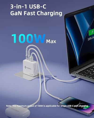 100W USB C Charger Block, 3 Port GaN Foldable Wall Fast Charger | for MacBook Pro, MacBook Air, Dell XPS, iPhone 17 16 Series, Samsung Galaxy, iPad Pro and All USB-C Devices - color: White