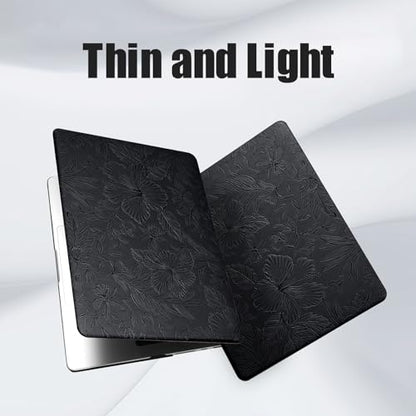 Floral Logo Cutout Case for MacBook Air 15 inch 2026 2025-2023 M5 M4 M3 M2 | Model A3448 A3241 A3114 A2941, Elegant Textured Retro Leather Hard Shell Mac Air 15 inch Laptop Case & Keyboard Cover, Black - color: Embossed Floral Black