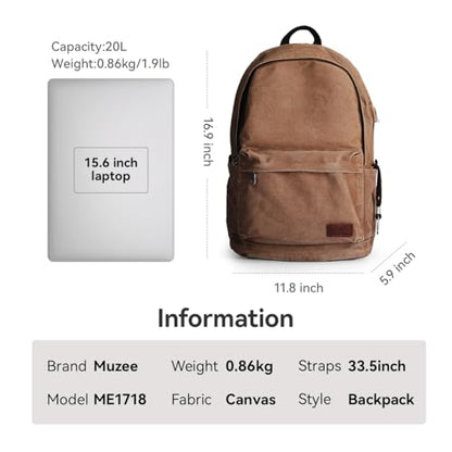 Muzee Canvas Backpack for Women and Men, Lightweight Classic Laptop Backpack with USB Charging Port for School, Travel and Daily Use, Khaki - color: Khaki
